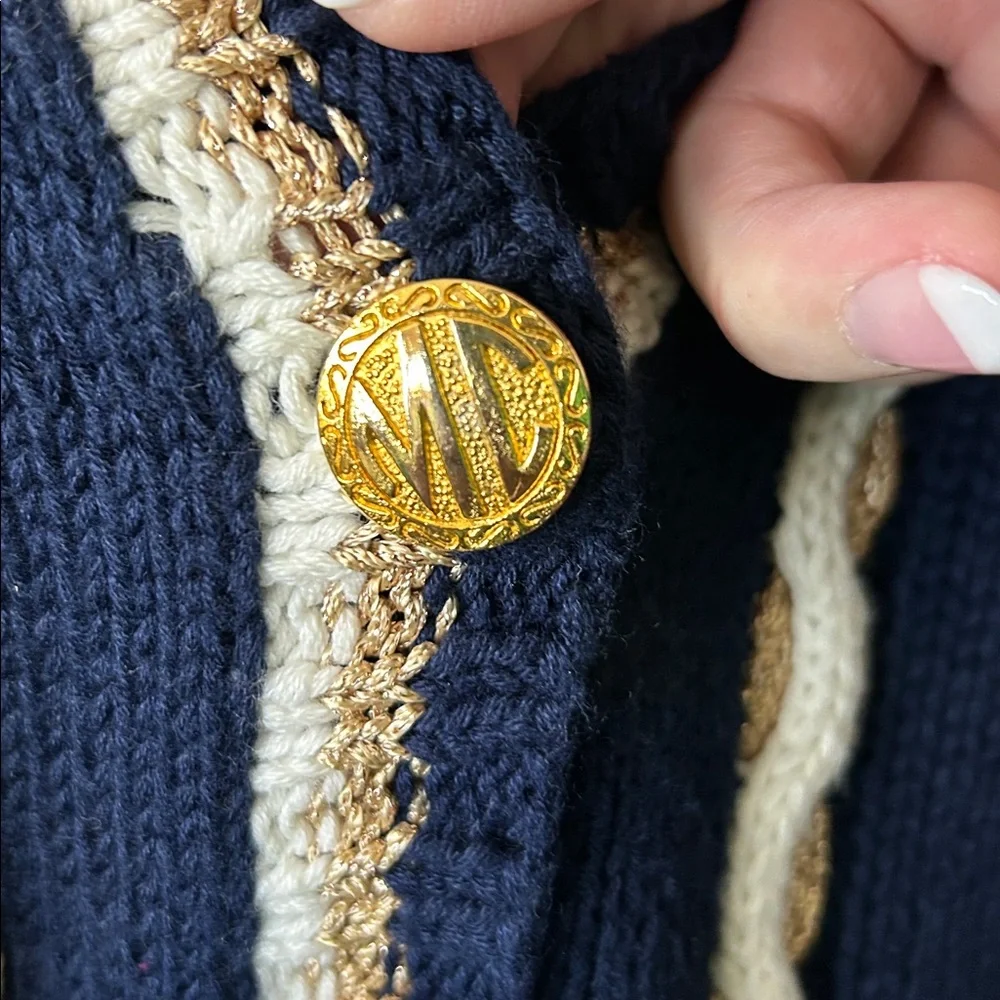Vintage Marisa Christina Cardigan Size Medium Navy‎ Blue Gold White Nautical